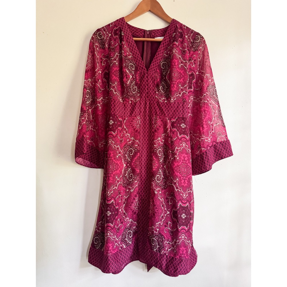 New York & Company Pink Paisley Bell Sleeve V-Neck Dress Y2K Medium
